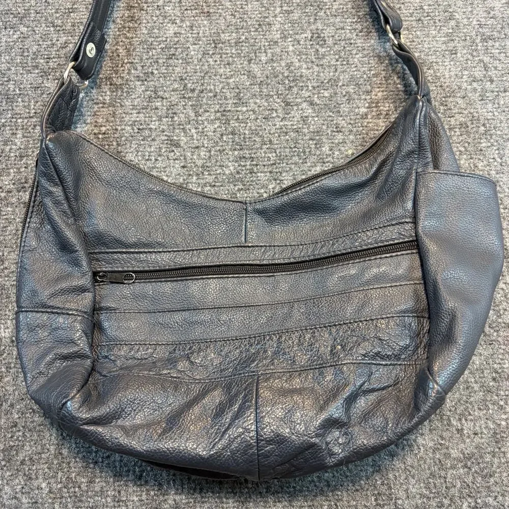 Vintage Black Pebbled Leather Hobo Shoulder Bag Purse Handbag Pocket Mexico